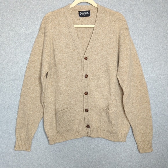 VTG Jantzen Mens Cardigan Sweater Knit Button Up Wool Blend Beige L USA Grampa - Picture 1 of 7